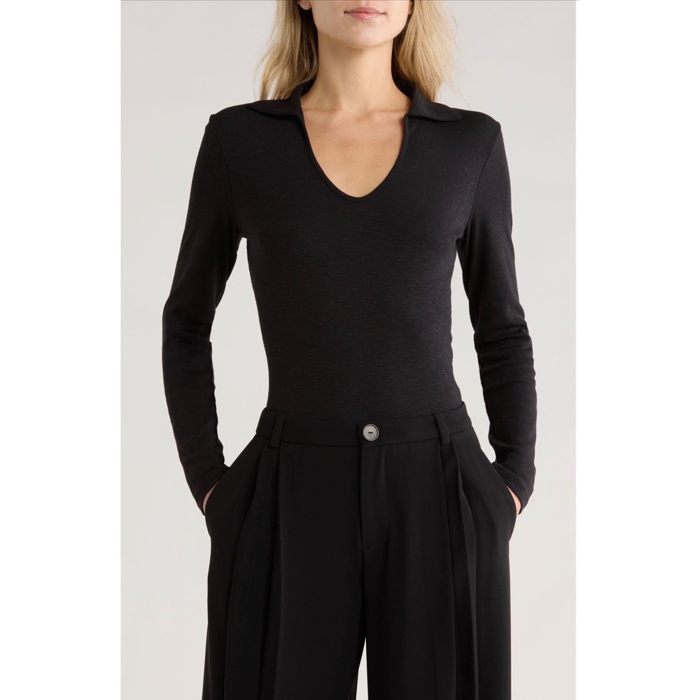 Vince Womens Black Slub Jersey Long Sleeve V-Neck Polo Shirt S/P New